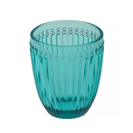 aqua blue heavy glass tumber with a decorative ribbed design