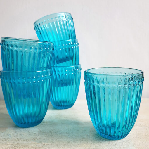 pretty aqua blue pressed glass tumbler with delicate ribbing