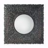 large square wooden mirror with an ornately carved frame and round central mirror
