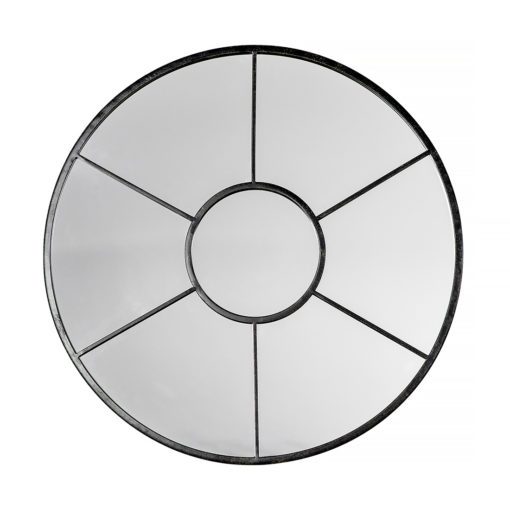 round wall mirror with a black metal window frame
