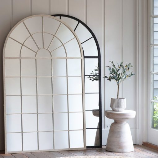 large arched window mirror suitable as a wall or leaner mirror in ivory or black