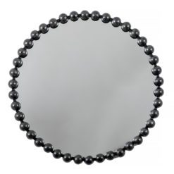 round wall mirror with a black metal bobble frame