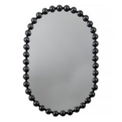 curved oval shaped wall mirror with a black metal bobble frame