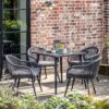 outdoor dining set with four tub chairs crafted from a waterproof rope weave and powder coated aluminium frame complete with cushion and matching dining table with tapered legs