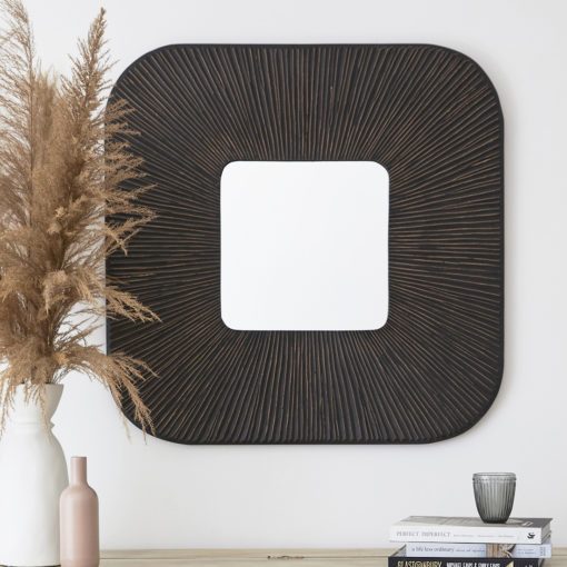 large square wooden wall mirror with a deep dark frame with a pleated design