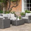 outdoor square shaped rattan lounge set comprising of a two-seater sofa, two armchairs and coffee table available in natural and grey