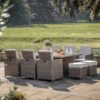 outdoor woven rattan cubed dining set with six armchairs and six stools available in grey and natural