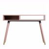 slim pink wooden console table with double shelf compartment and tapered oak legs with gold metal cuff