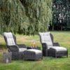 outdoor grey hand-woven rattan lounge set featuring two highback curved armchairs, two ottoman footstools and a side table with tempered glass top