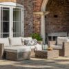 outdoor square shaped rattan chaise lounge set comprising of a three-seater chaise sofa, armchair and coffee table available in natural and grey