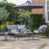 contemporary outdoor lounge set comprising powder coated aluminum frames with a woven rope seat,comprising a two-seater sofa, two armchairs and coffee table with a solid teak top