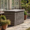 large outdoor PE wicker rattan style storage box finished in a natural grey