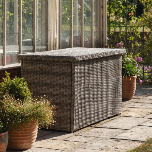 large outdoor PE wicker rattan style storage box finished in a natural grey