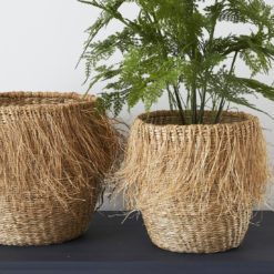 set of two round nesting seagrass baskets with boho fringing