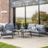 scandinavian inspired contemporary charcoal lounge sofa set comprising two-seater sofa, two archairs and coffee table