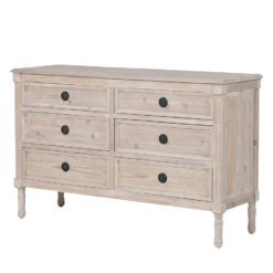 solid wooden six-drawer chest with round metal handles, turned legs and natural white-wash raw finish