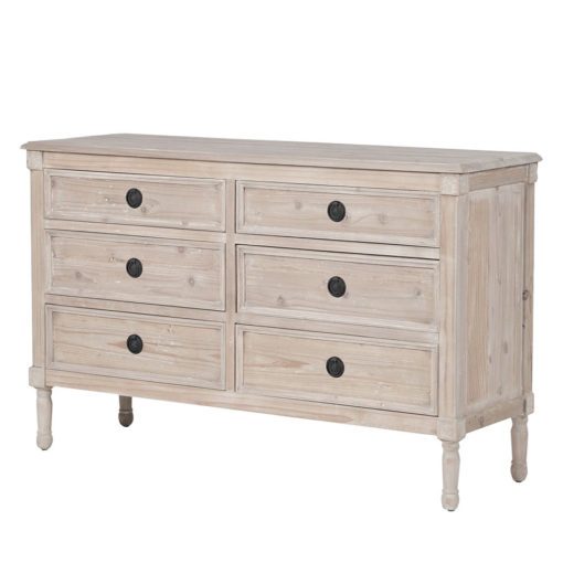 solid wooden six-drawer chest with round metal handles, turned legs and natural white-wash raw finish