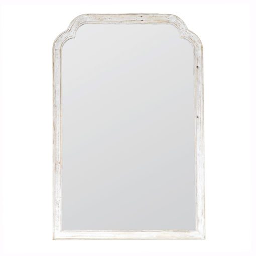 large wooden framed wall mirror with a curved top and white-washed painted finish