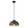 pendant light with matt black shade and shimmering gold leaf inner suspended by a black metal chain cord