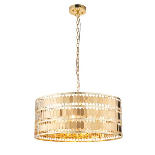 pendant light with large gold hexagonal detailing drum featuring gold chain cord