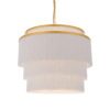 large white fabric fringed pendant light with gold hoop base suspended by a gold chain cord