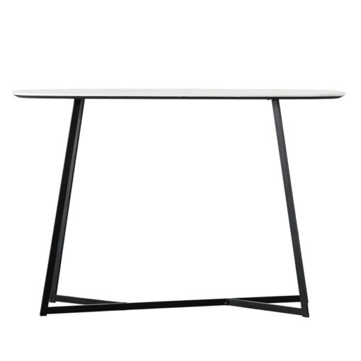 contemporary console table with black metal frame and white marble effect curved top