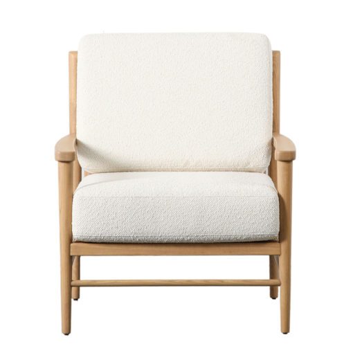 retro style armchair with a solid oak frame with rattan base and back with texture cream cushions