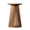 contemporary round wooden side table with a natural finish and slatted base