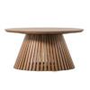 contemporary round wooden coffee table with a natural finish and slatted base