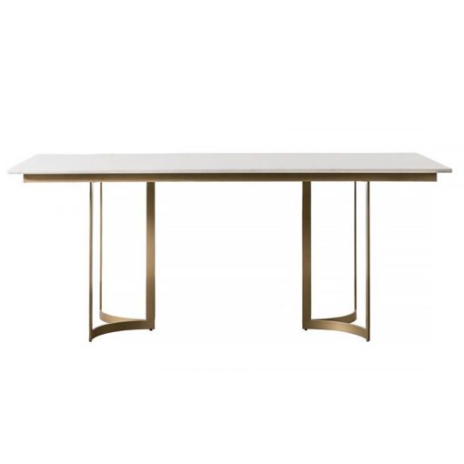 rectangular dining table with gold curved metal framed legs and white marble top