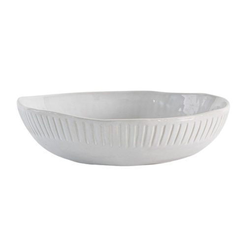 set of four off-white porcelain pasta bowls with an uneven rustic shape and ribbed edging