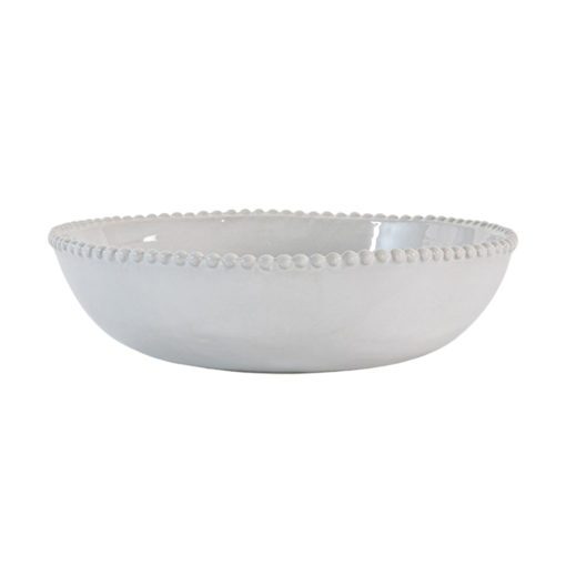 set of four off-white porcelain pasta bowls with an uneven rustic shape and beaded edging