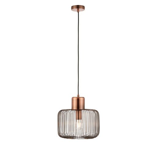 small industrial style pendant light with a square open cage design finished in antique copper