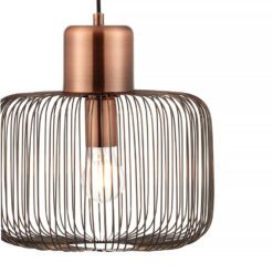 small industrial style pendant light with a square open cage design finished in antique copper