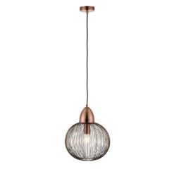 small industrial style pendant light with a round open cage design finished in antique copper