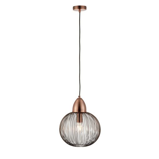 small industrial style pendant light with a round open cage design finished in antique copper