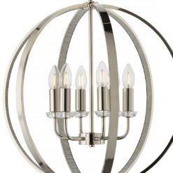 statement polished silver pendant light with an open metalwork globe frame adorned with internal clear crystal detailing and adjustable hanging chain