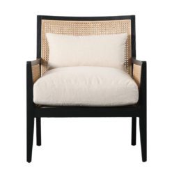 black wooden framed armchair with a painted black finish and double layered rattan back and sides with natural cushions