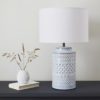 pale blue texture ceramic table lamp with white linen drum lampshade