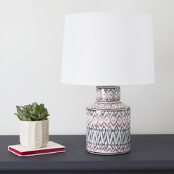 small white porcelain table lamp with Aztec pattern and white lampshade