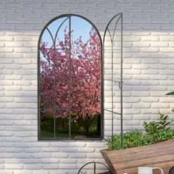 large black metal arched window garden mirror with opening doors available in two sizes