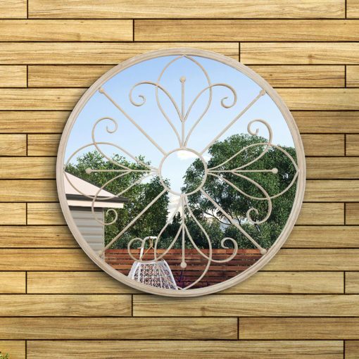 round metal outdoor mirror with cream frame and scroll design