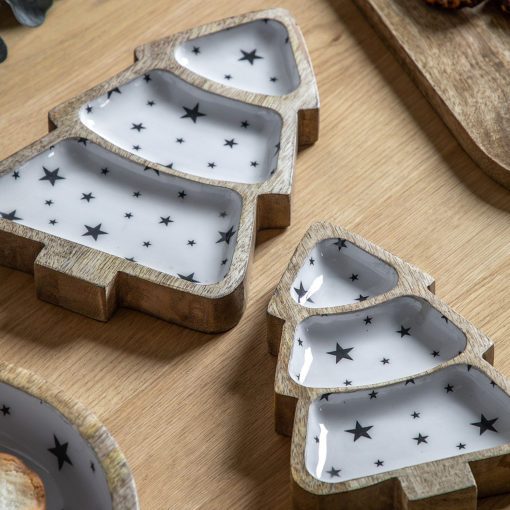 christmas tree shaped nibbles dish crafted from mango wood with a white glaze and star design