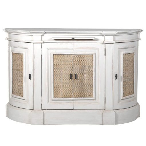 white-washed solid wood curved sideboard with four doors with cane panels providing three cupboards with shelving