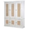 large solid wooden storage cupboard with six doors and ample shelving with a white-wash finish and cane panelling to doors