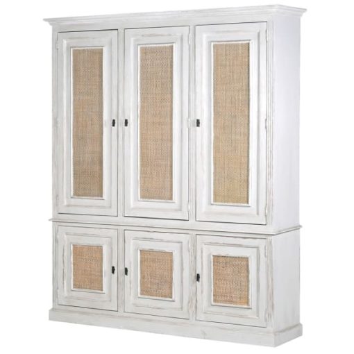 large solid wooden storage cupboard with six doors and ample shelving with a white-wash finish and cane panelling to doors