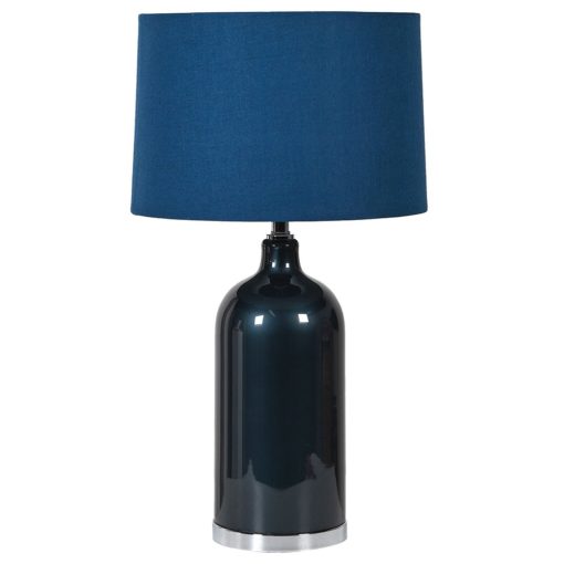 deep blue glass table lamp with a navy blue round linen lampshade