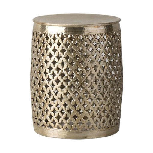 drum shaped round metal side table with a fretwork surround and hammered top finished in a lightly distressed pale gold
