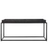 rectangular black metal framed coffee table with a wooden tray table top