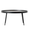 round black metal coffee table with faux timber inlay